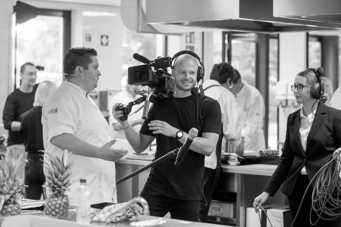 The team sharing a meal